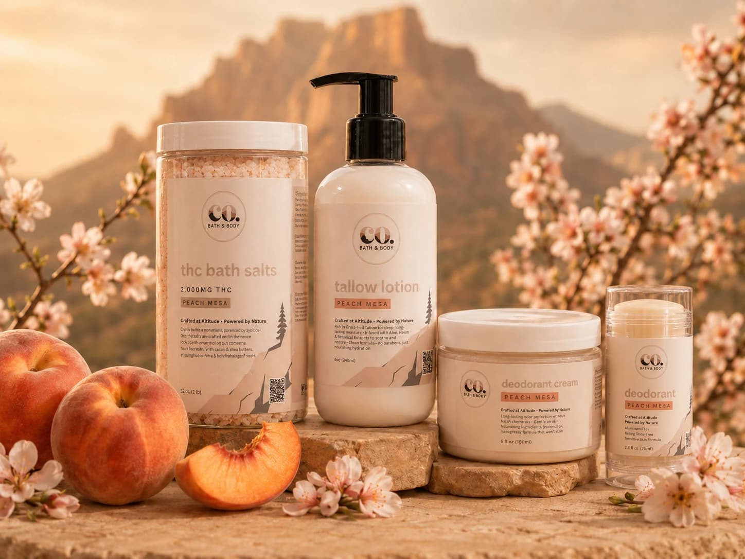 Peach Mesa body lotion, bath soak, body butter, and lip balm