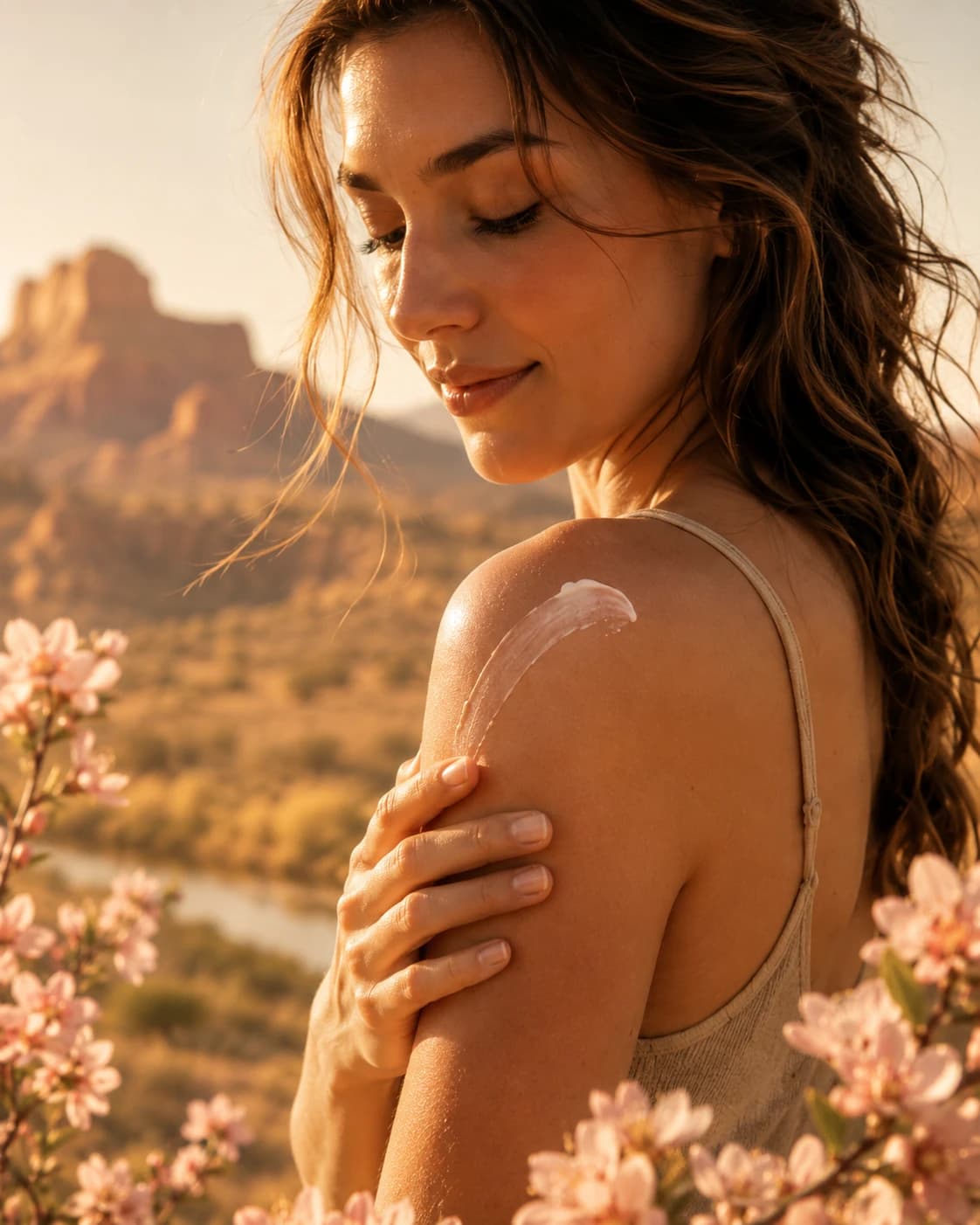 Woman applying Peach Mesa body care in warm summer light