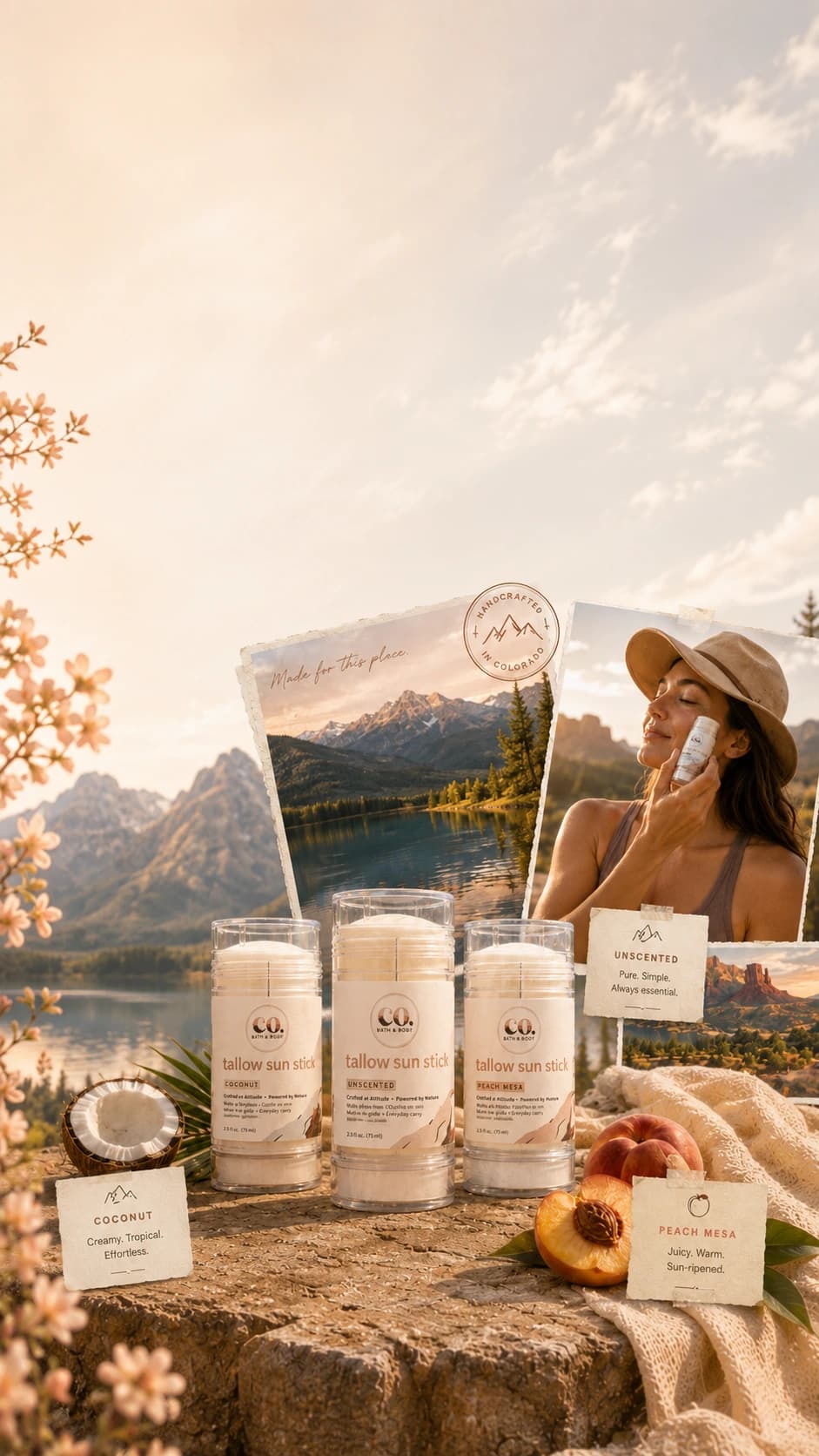 Colorado mountain summer scene with CO. Bath & Body tallow sun sticks